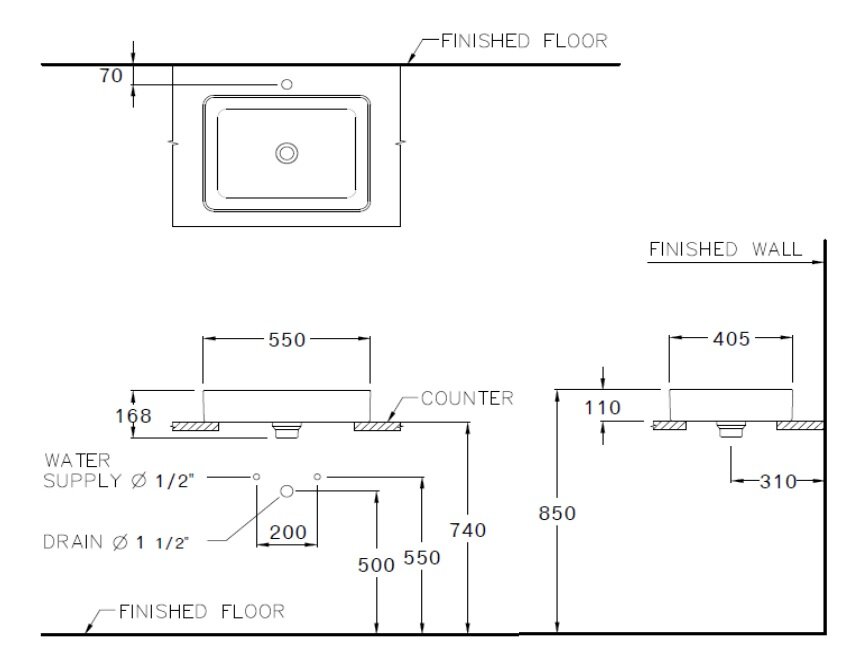 Bản vẽ kỹ thuật chậu rửa mặt lavabo COTTO đặt bàn C003427