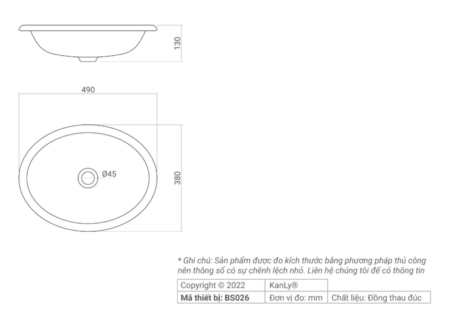 Bản vẽ kỹ thuật lavabo Kanly bằng đồng BS026