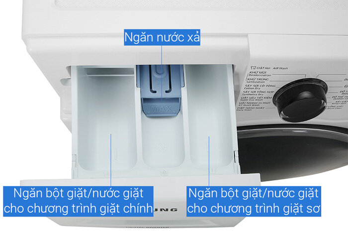 Máy giặt sấy Samsung WD95J5410AW/SV có ngăn kéo đựng nước giặt, xả dễ sử dụng Máy giặt sấy Samsung WD95J5410AW/SV