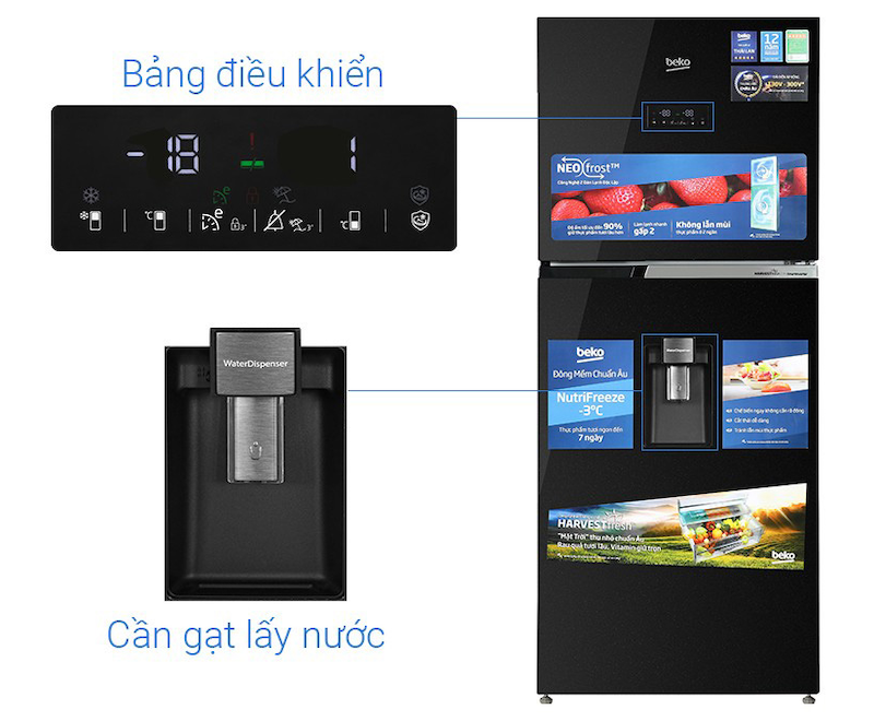 Tủ lạnh Beko Inverter 375 lít RDNT401E50VZDHFSU thiết kế bảng điều khiển cảm ứng và ngăn lấy nước ngoài (ảnh: dienmayxanh).