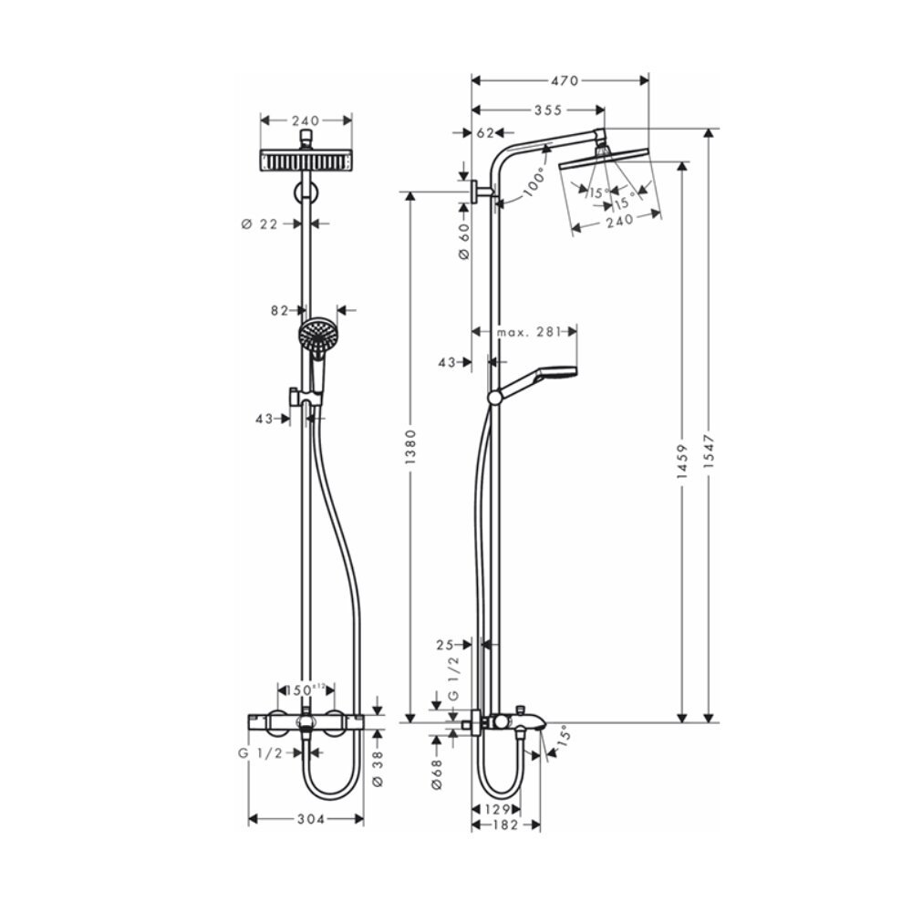 Bản vẽ kỹ thuật sen cây nhiệt độ Crometta E Hansgrohe 27298000