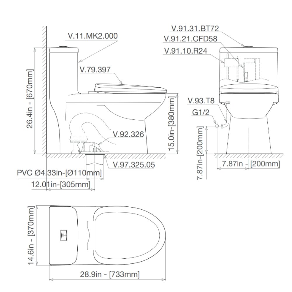 Bản vẽ kỹ thuật bồn cầu 1 khối Viglacera Mekong (MK2) nắp êm (+ vòi xịt VG826)