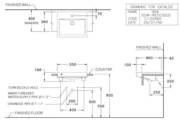 Bản vẽ kỹ thuật chậu rửa lavabo treo tường C02460 COTTO