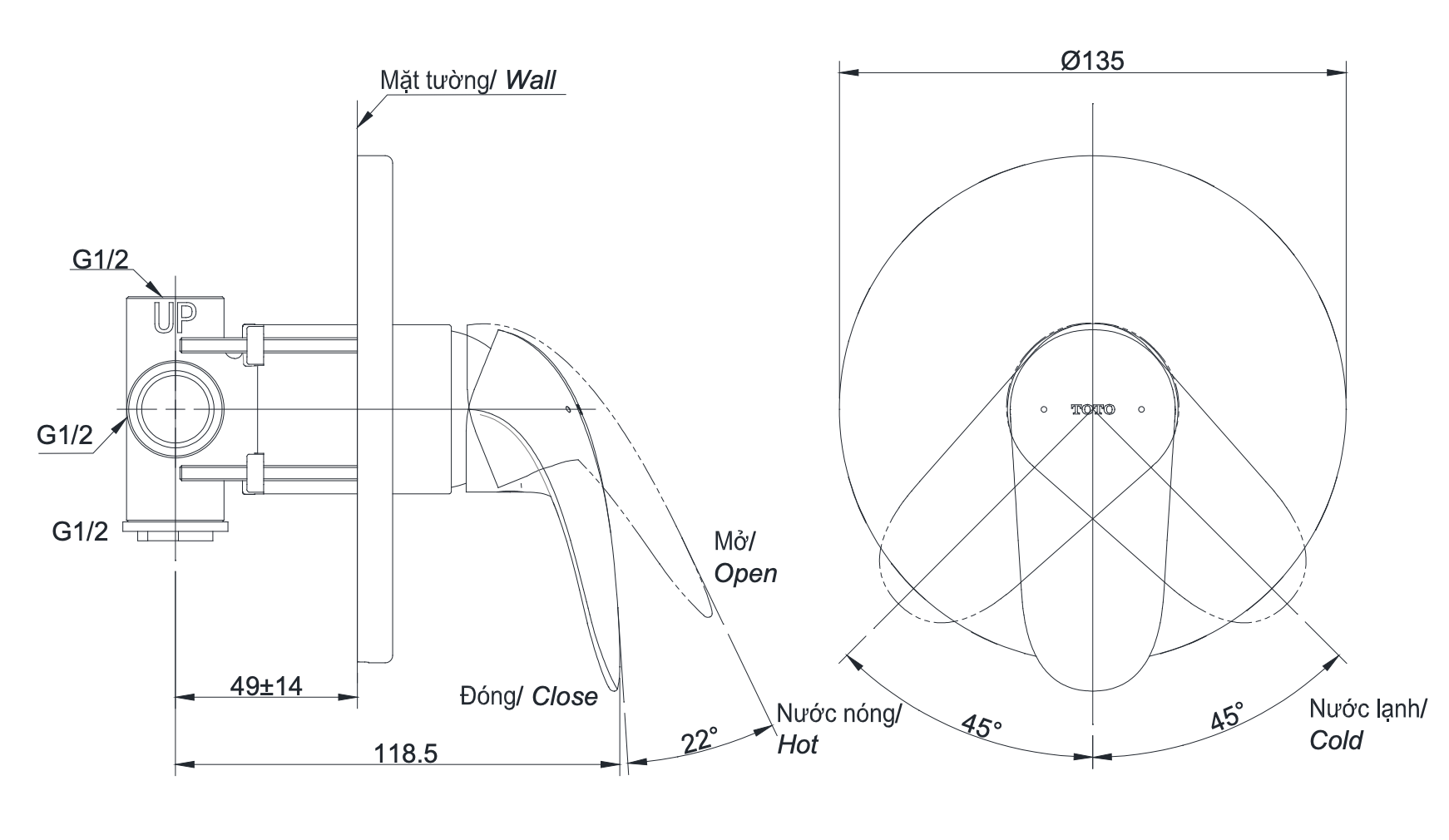 Bản vẽ kỹ thuật van gật gù điều chỉnh nóng lạnh TOTO LC
