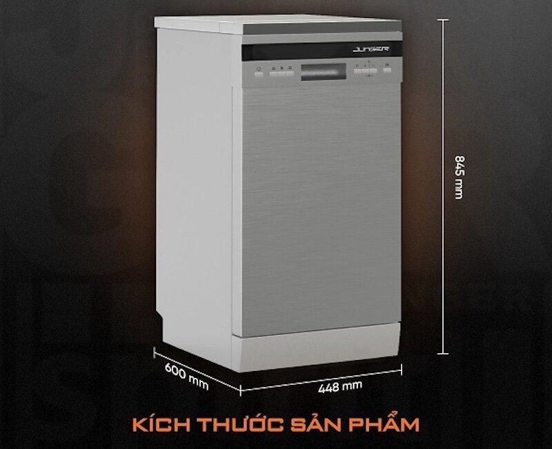 Máy rửa bát Junger DWJ-450 sở hữu thiết kế sang trọng với tông màu đen - xám hài hòa