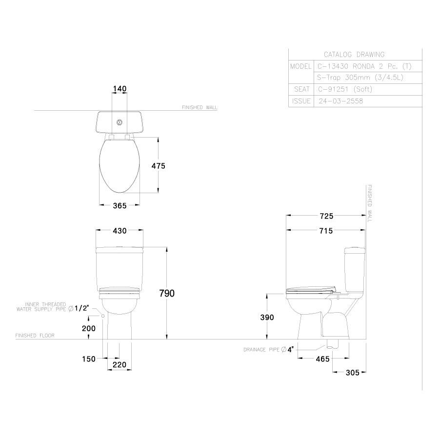 Bản vẽ kỹ thuật bồn cầu 2 khối COTTO C13430 nắp đóng êm Ronda