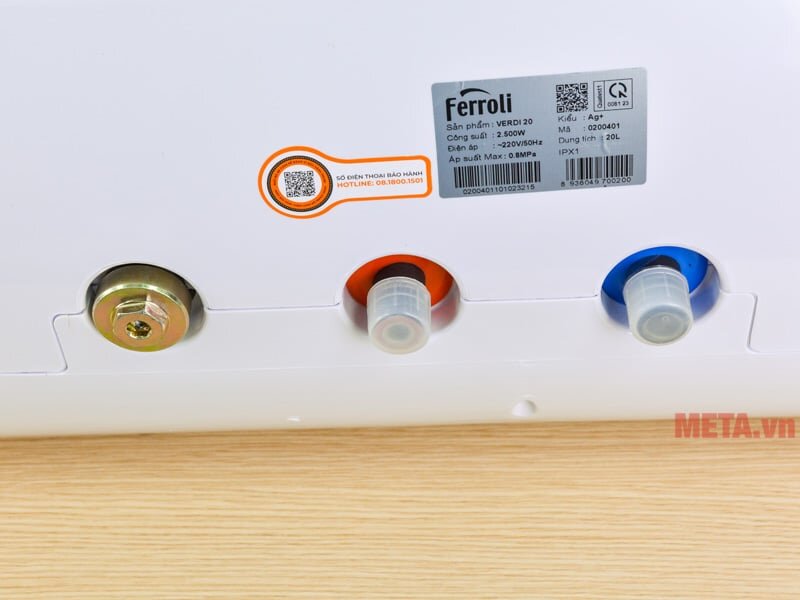 Vị trí đường nước vào/ra của bình nóng lạnh Ferroli VERDI 20 AG+ 