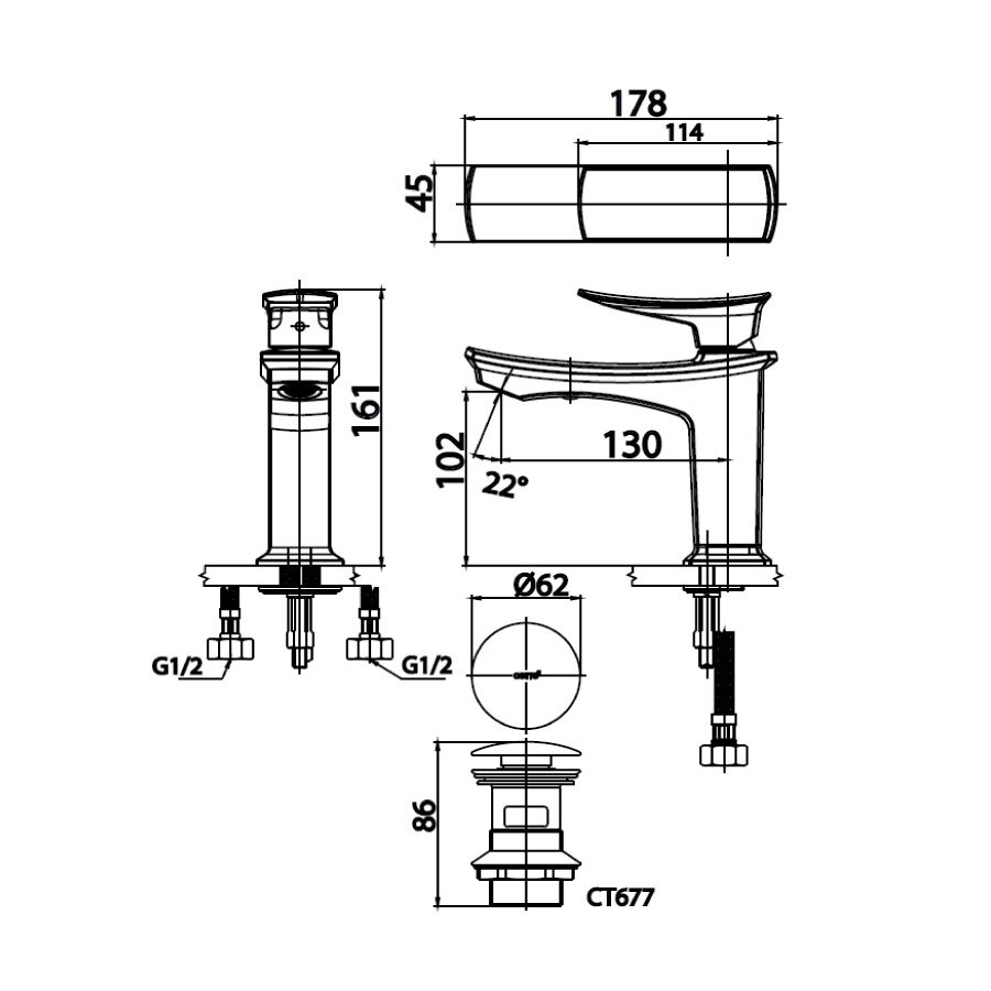Bản vẽ kỹ thuật vòi lavabo COTTO CT2251A nóng lạnh