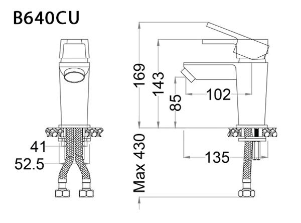 Bản vẽ kỹ thuật vòi lavabo nóng lạnh + bộ xả nhấn CAESAR BT640CU