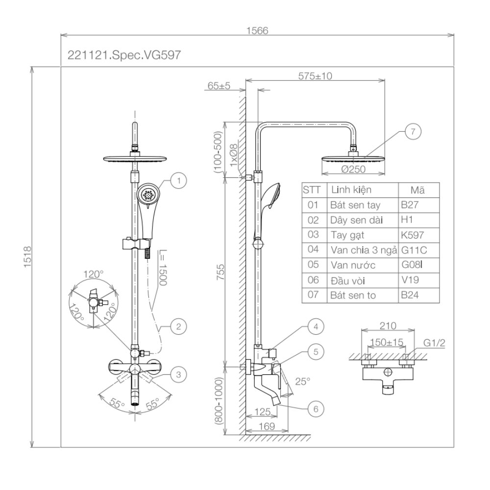 Bản vẽ kỹ thuật sen cây nóng lạnh Viglacera VG597