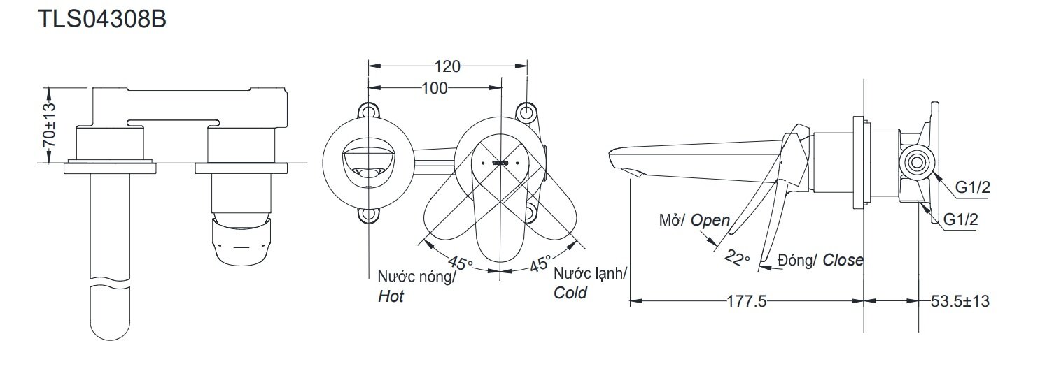 Bản vẽ kỹ thuật vòi lavabo gật gù nóng lạnh gắn tường LF TOTO TLS04308B