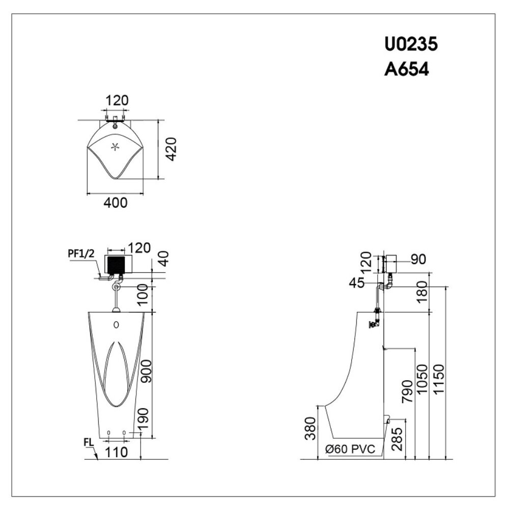 Bản vẽ kỹ thuật của bồn tiểu nam treo tường kèm van xả cảm ứng Caesar U0235+A654