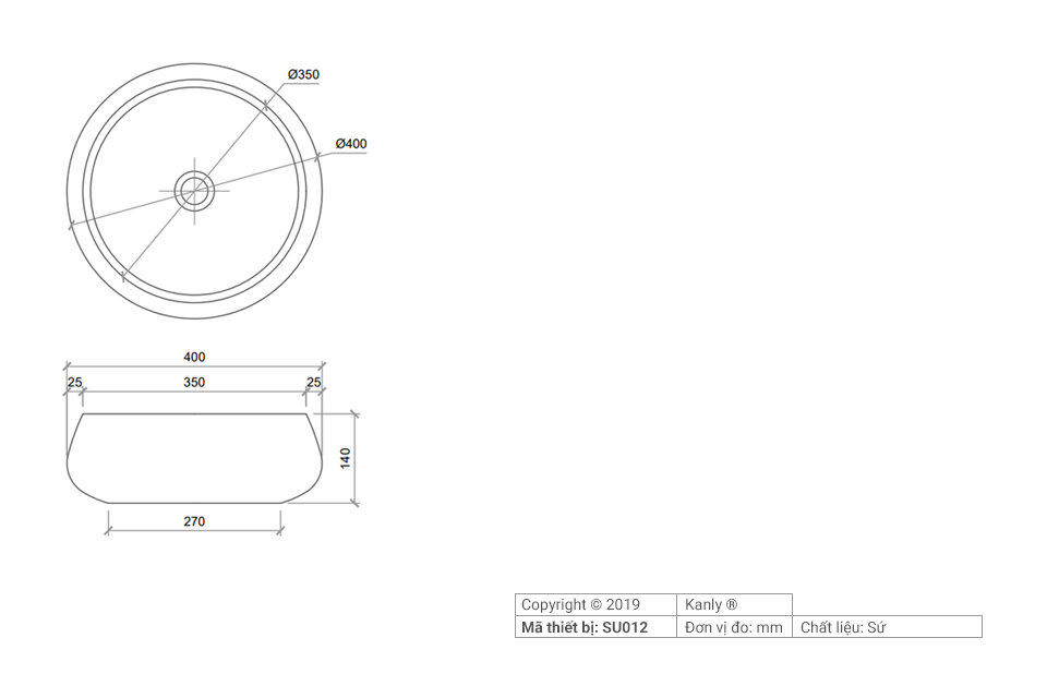 Bản vẽ kỹ thuật chậu rửa lavabo bằng sứ Kanly SU012