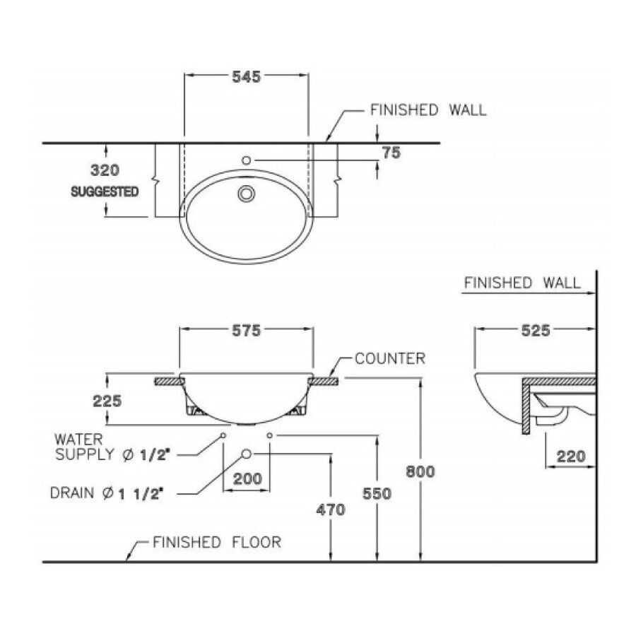 Bản vẽ kỹ thuật chậu rửa lavabo COTTO bán âm bàn C021