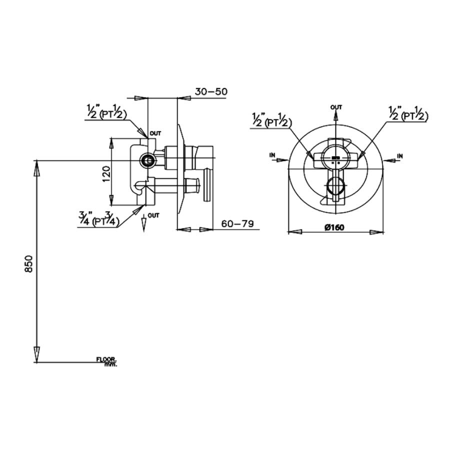 Bản vẽ kỹ thuật van điều chỉnh âm tường nóng lạnh kèm van dừng 2 đường nước Anthony COTTO CT593AV