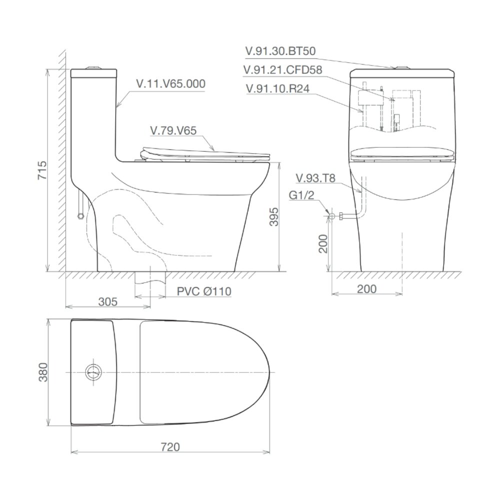 Bản vẽ kỹ thuật bồn cầu 1 khối Viglacera V65 nắp êm (+ vòi xịt VG826 & van VG853)