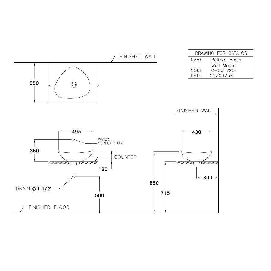 Bản vẽ kỹ thuật chậu rửa lavabo COTTO C002725 đặt trên bàn Palizza