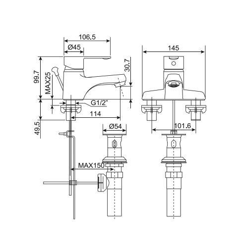 Bản vẽ kỹ thuật vòi lavabo 3 lỗ American Standard Seva WF-6502