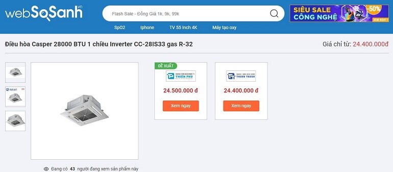 giá điều hòa Casper 28000 BTU 1 chiều Inverter CC-28IS33 gas R-32