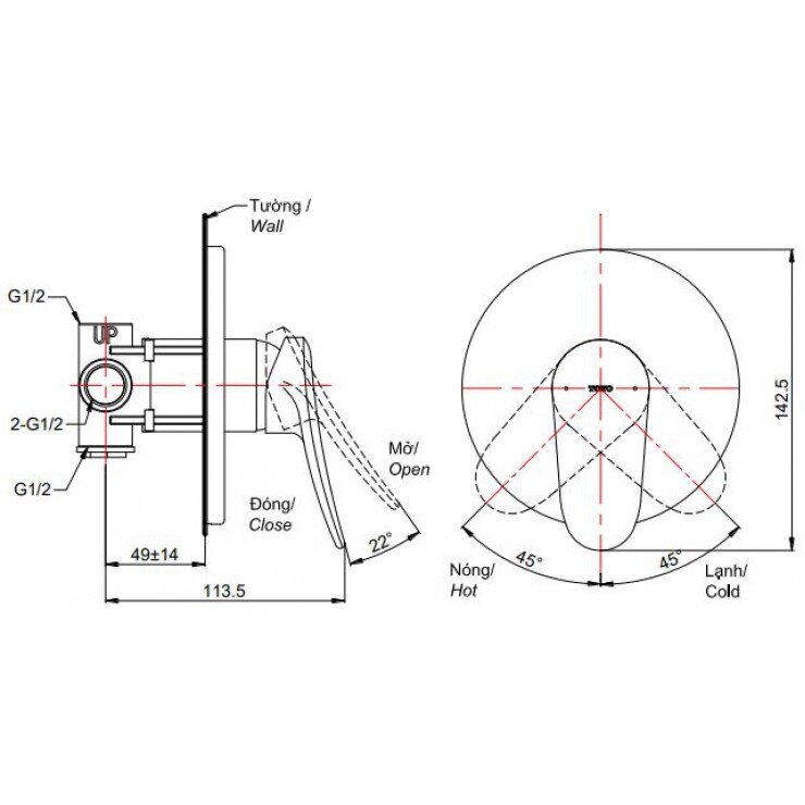 Bản vẽ kỹ thuật van gật gù điều chỉnh sen tắm nóng lạnh TOTO LF TBS04303B
