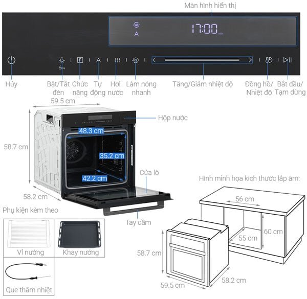Cấu tạo và kích thước của lò nướng kết hợp hấp âm tủ Hafele HSO-8T72A