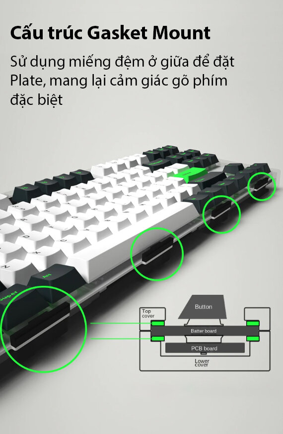 Bàn phím cơ FL-Esports GP87 CP White Green White sw (Gateron Pro) (USBC/RGB/Hotswap) 2