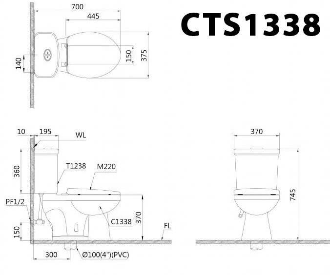 Bản vẽ kỹ thuật Bồn Cầu Caesar 2 Khối CTS1338