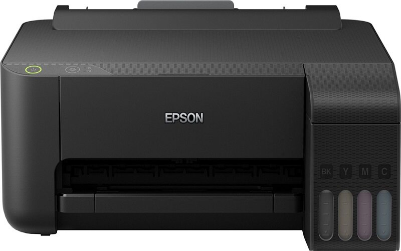 Máy in phun màu Epson L1110 có hộp mực bên ngoài với 4 màu xanh, đỏ, đen và vàng