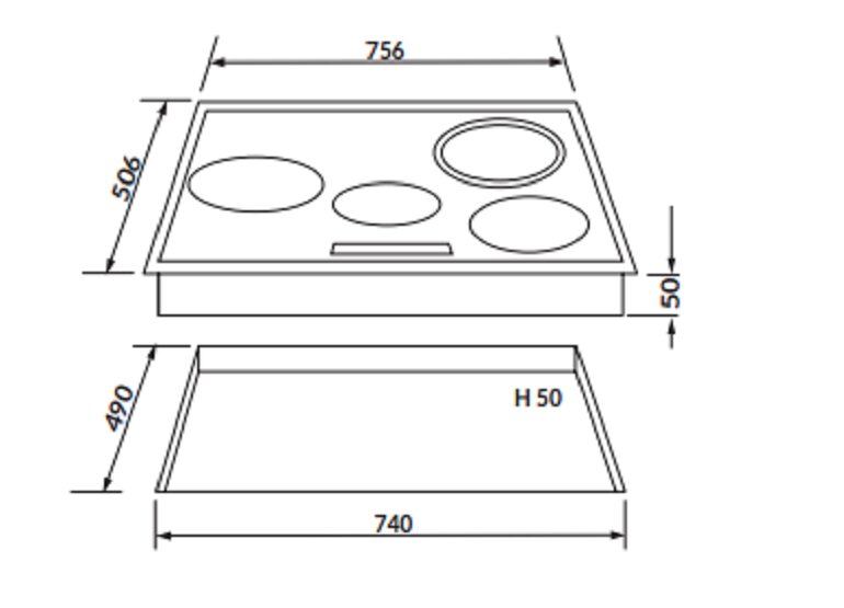 Kích thước của bếp điện từ âm 4 vùng nấu Rosieres RVEF74IN