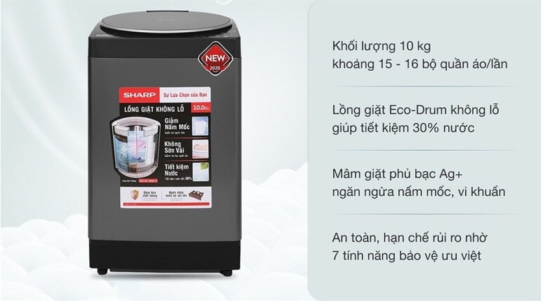 Máy giặt Sharp 10kg ES-W100PV-H có thiết kế hiện đại với nắp kính cường lực hình tròn cùng đường nét mềm mại, tinh tế
