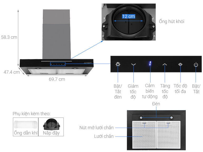 Junger HRJ-701 được trang bị đèn Led có thể xoay 180 độ giúp chiếu sáng rõ cho khu vực nấu nướng.