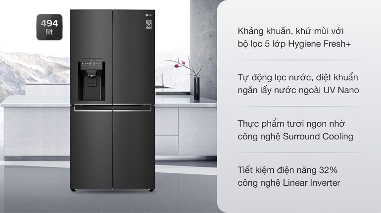 Tủ lạnh 4 cánh LG Inverter 494 lít GR-D22MB được tích hợp nhiều tính năng hiện đại