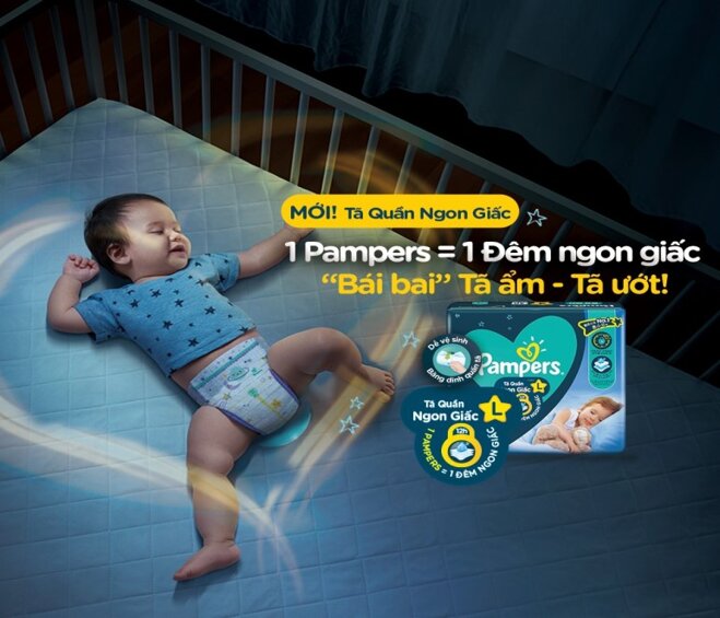 Tã quần Pampers có bề mặt thấm hút tốt mang lại sự êm dịu và thoải mái cho trẻ vào đêm