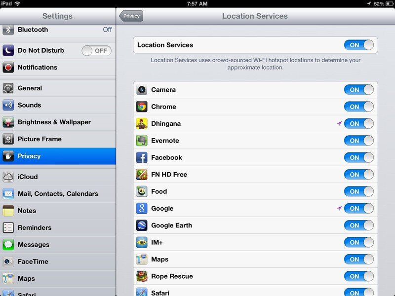 Tắt location service trên iPad 