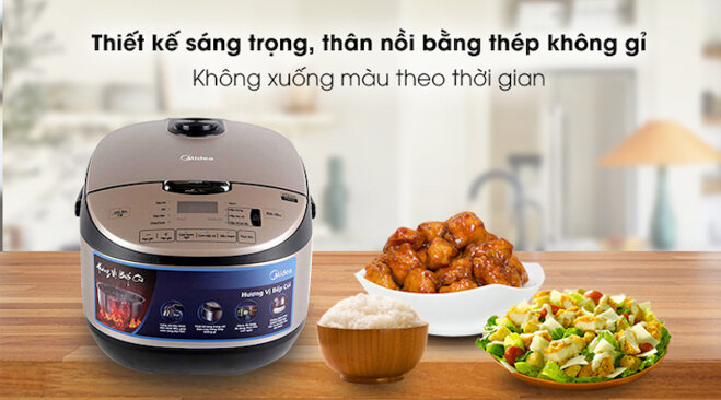 Nồi cơm điện tử Midea MB-FS5021 có thiết kế sang trọng, thân nồi bằng thép không gỉ, không xuống màu theo thời gian.