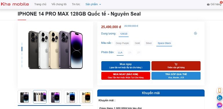 iPhone 14 Pro Max 128GB giá chỉ còn từ 25,49 triệu đồng tại KhaMobile. 