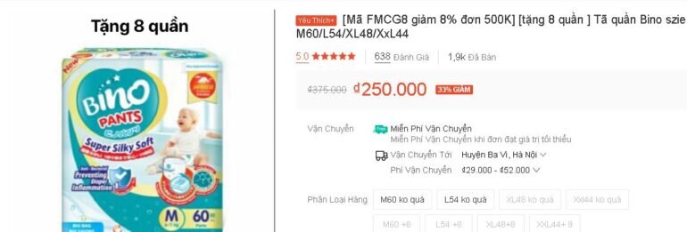 Nhập mã giảm giá 8% cho đơn bỉm Bino từ 500.000 vnđ