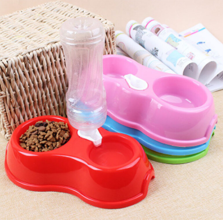 Double bowl with automatic water bottle for cats