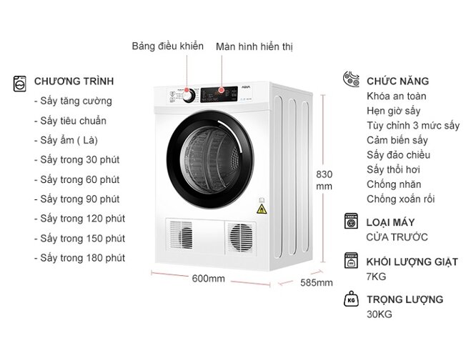 Máy sấy quần áo Aqua 7 Kg AQH-V700F