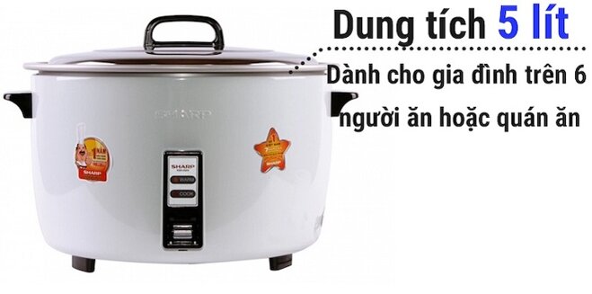 Sharp KSH-555V có dung tích 5 lít giúp nấu được khoảng 2.5kg – 3kg gạo tương đương với 6 – 8 người ăn.