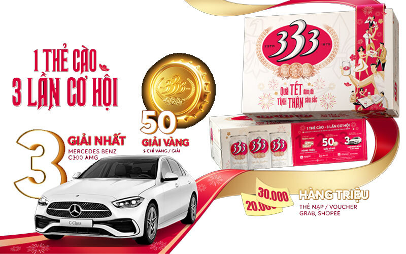 Bia 333 - bia ngon bao bì xuân phiên bản Tết 2024 có trúng thưởng xe hơi Mercedes C300 AMG