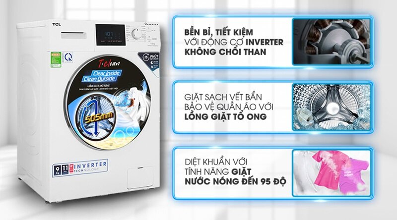 Máy giặt TCL Inverter 9 kg TWF90-M14303DA03 giá rẻ nhưng uy tín, tốc độ quay vắt cao