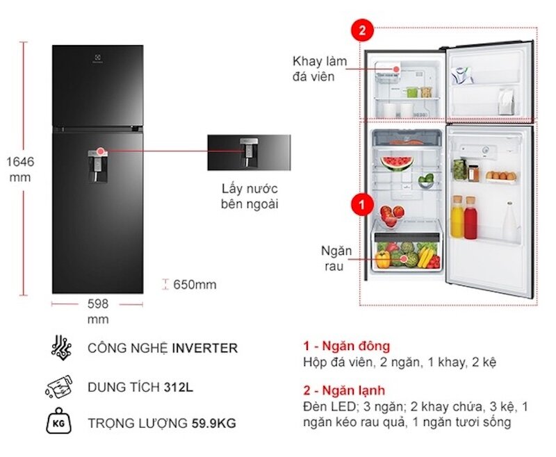 Tủ lạnh Electrolux Inverter 312 lít ETB3440M-H dành cho các gia đình có từ 3 - 4 thành viên