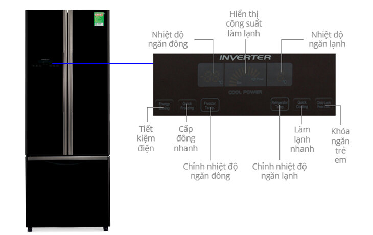 bảng điều khiển tủ lạnh Hitachi Inverter 382 lít R-WB475PGV2