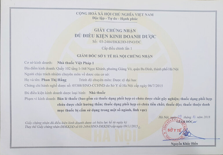 Giấy phép kinh doanh hiệu thuốc Việt Pháp 1 được cấp phép hoạt động từ năm 2015