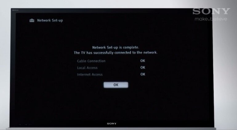 Màn hình tivi hiển thị kết quả cài đặt mạng LAN thành công