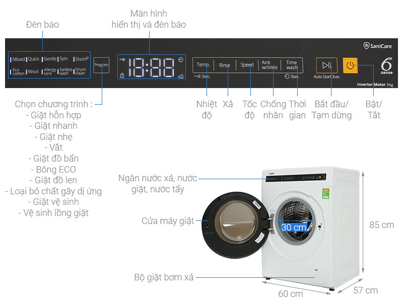 Máy giặt lồng ngang giá 5 triệu Whirlpool FreshCare