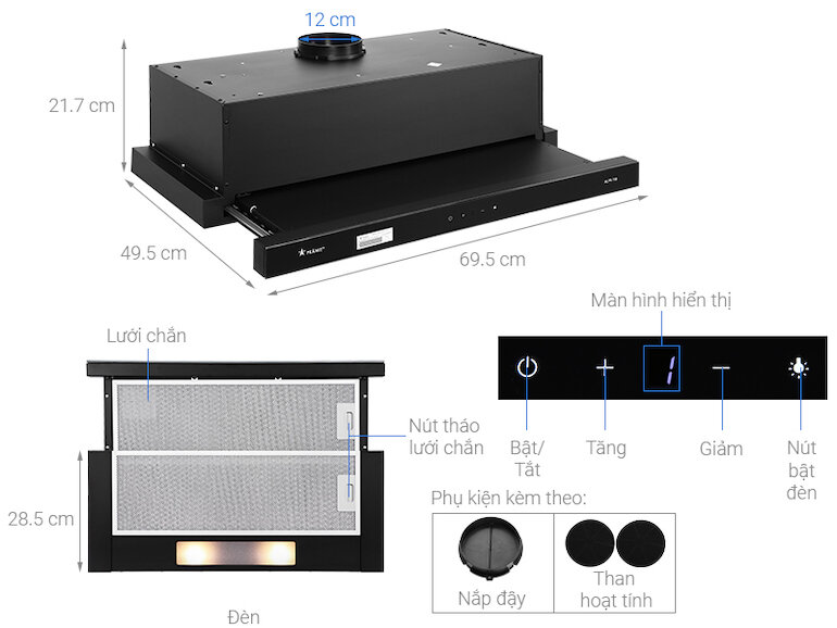 Máy hút mùi Pramie ALP9-700 được trang bị công suất hút 900m3/h