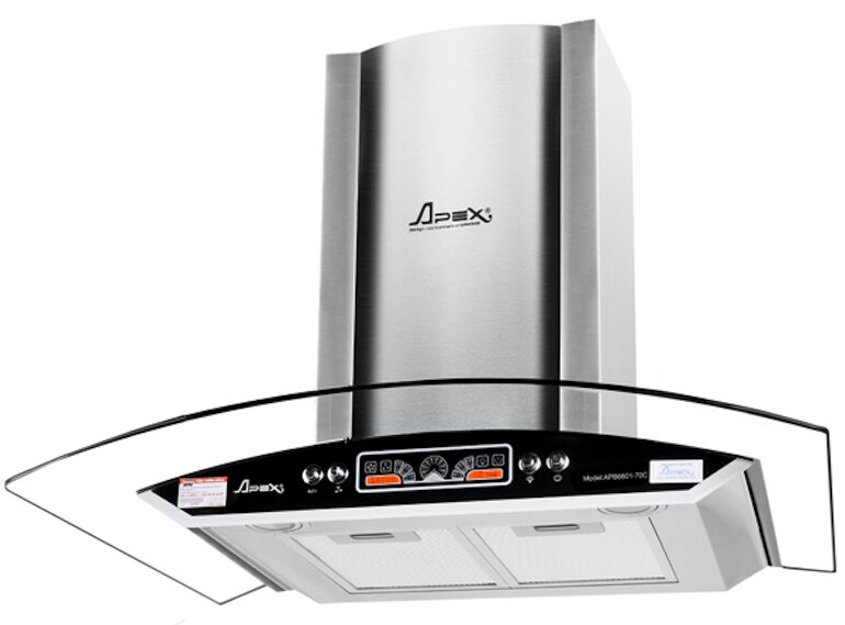 Máy hút mùi kính cong Apex APB6601-70C có thiết kế áp tường kính cong giúp cho không gian bếp trở nên sang trọng và hiện đại hơn.