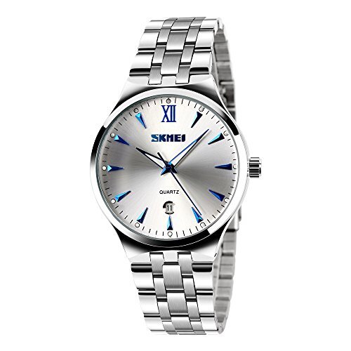 Classic Stainless Steel Watches for Men - Simple Designed Watches with Calendar Silver Wrist Watches